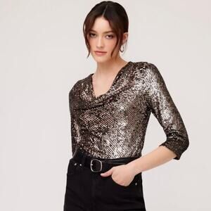 Fifteen Twenty Sequin Cowl Blouse Gold Silver Black Dressy 3/4 Sleeve Sz L